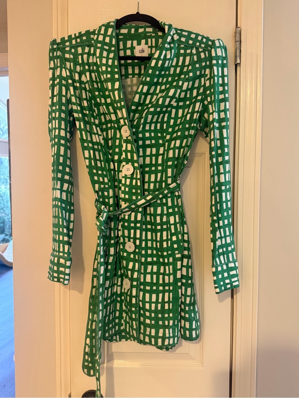 CAbi Green & White Grid Wrap-Front Long Sleeve Jacket with Belt